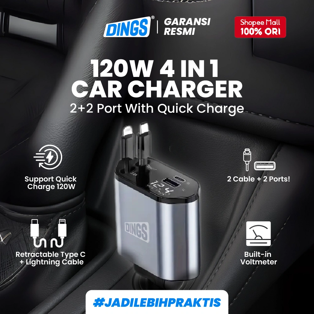 DINGS ORIGINAL Car Charger 4 in 1 120W Dual Port With Cable USB Type A & Type C Lightning Charger Mobil Fast Charging Casan Colokan Mobil