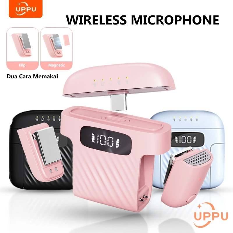 UPPU M8 Wireless Microphone Clip On Mic Magnetic Mikrofon HP Plug & Play Dual Lavalier Microphone with Charging Case Mic Wireless for Youtuber Vlog Tiktok Live Streaming