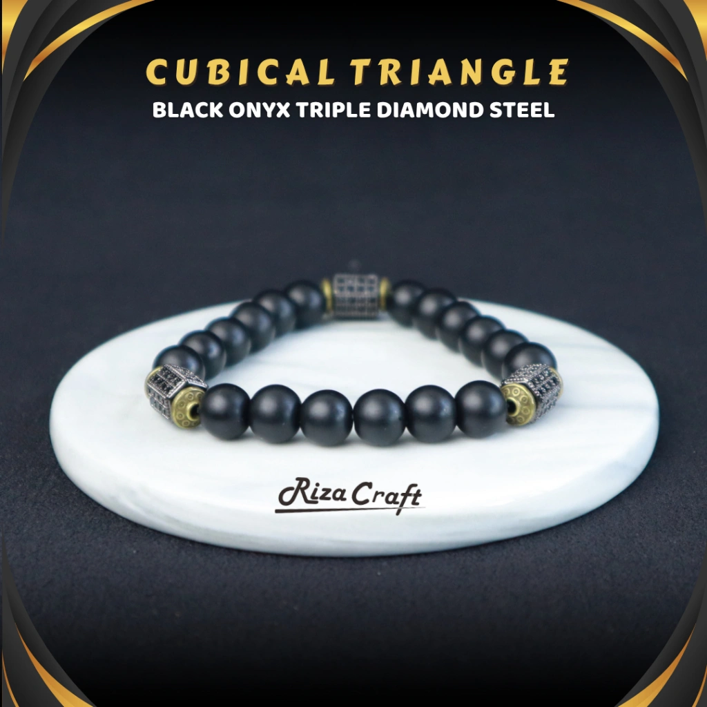 Gelang Aesthetic Vintage Pria Wanita Keren Batu Akik Alam Black Onyx Hitam Diamond CUBICAL TRIANGLE by RIZACRAFT
