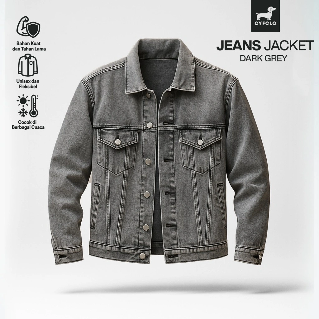 CYFCLO Jaket Jeans Denim Tebal Unisex-Tampil Keren Cukup Dengan Satu Jaket | Dark Grey