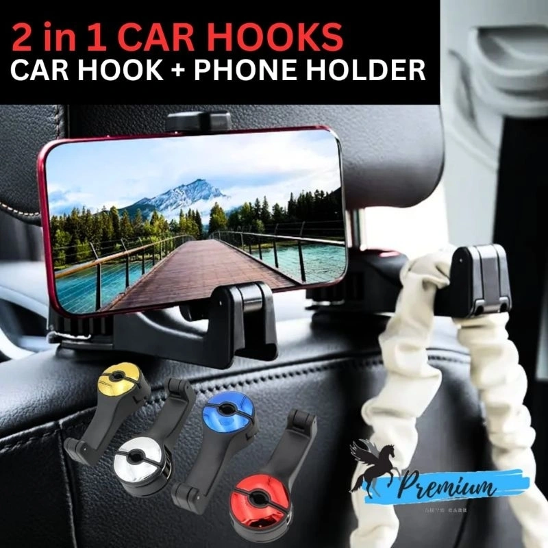 2 in 1 CAR HOOKS [ CAR HOOK + PHONE HOLDER ] / Gantungan Jok Mobil Tempat HP Mobil / Clip Hook Phone Holder 2in1