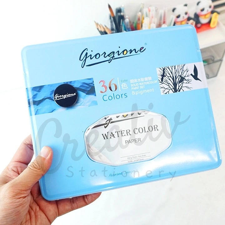 Giorgione Watercolor Cake Tin Case Set Cat Air Padat 36 colors G-3606 Waterbrush Pencil Sponge