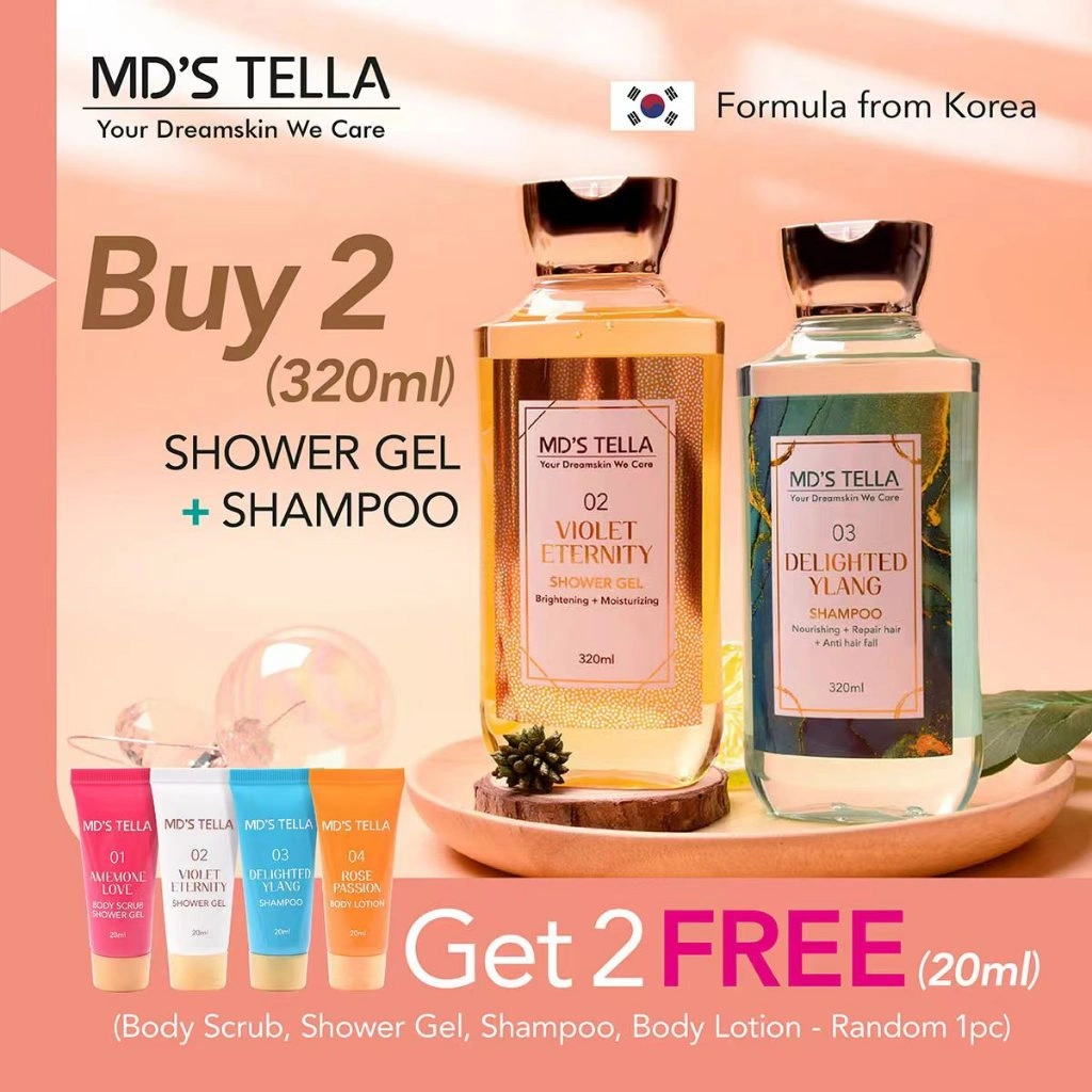 MD'S TELLA - 02 Violet Eternity Whitening and Moisturizing Shower Gel 320ml & 03 Delighted Ylang Hair Growth, Scalp Removal Moisturizing Shampoo