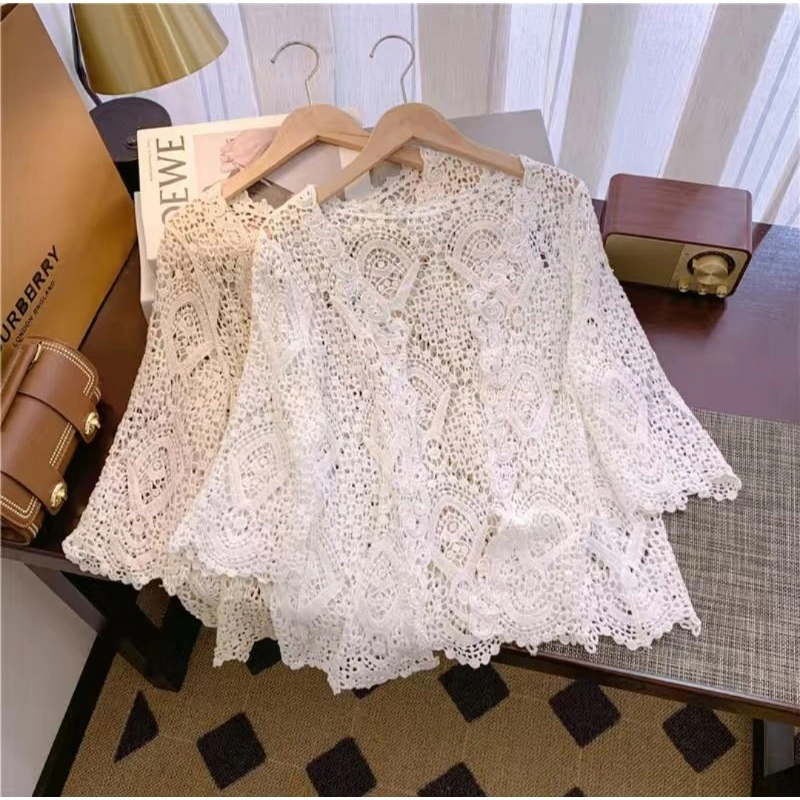 Cardigan Sweater Rajutan Berongga Syal Lengan 3/4