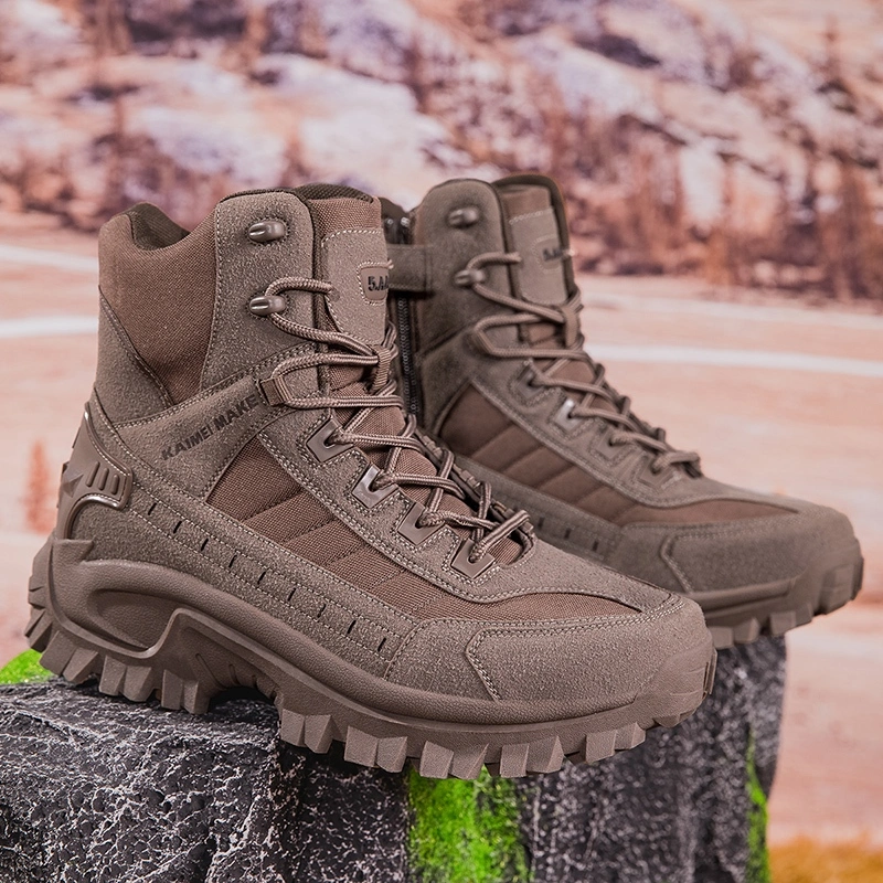 Sepatu Gunung 5.AA Kaimei Make #806 Brown Shoes Work Utility Footwear Military Tactical Mens Army Outdoor Sports Camping Hiking Work Combat Lace Up Breathable High Top Side Zipper Desert Leather Shoe Boots