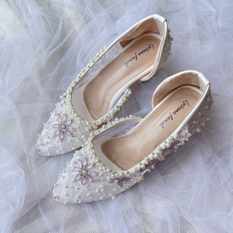 𝑯𝒂𝒏𝒂𝒓𝒚𝒊 I Sepatu payet wanita bebas custom warna hak 1 sampai 7 cm sepatu hak tahu wedding shoes kondangan dan acara formal in frame warna putih semi pantofel