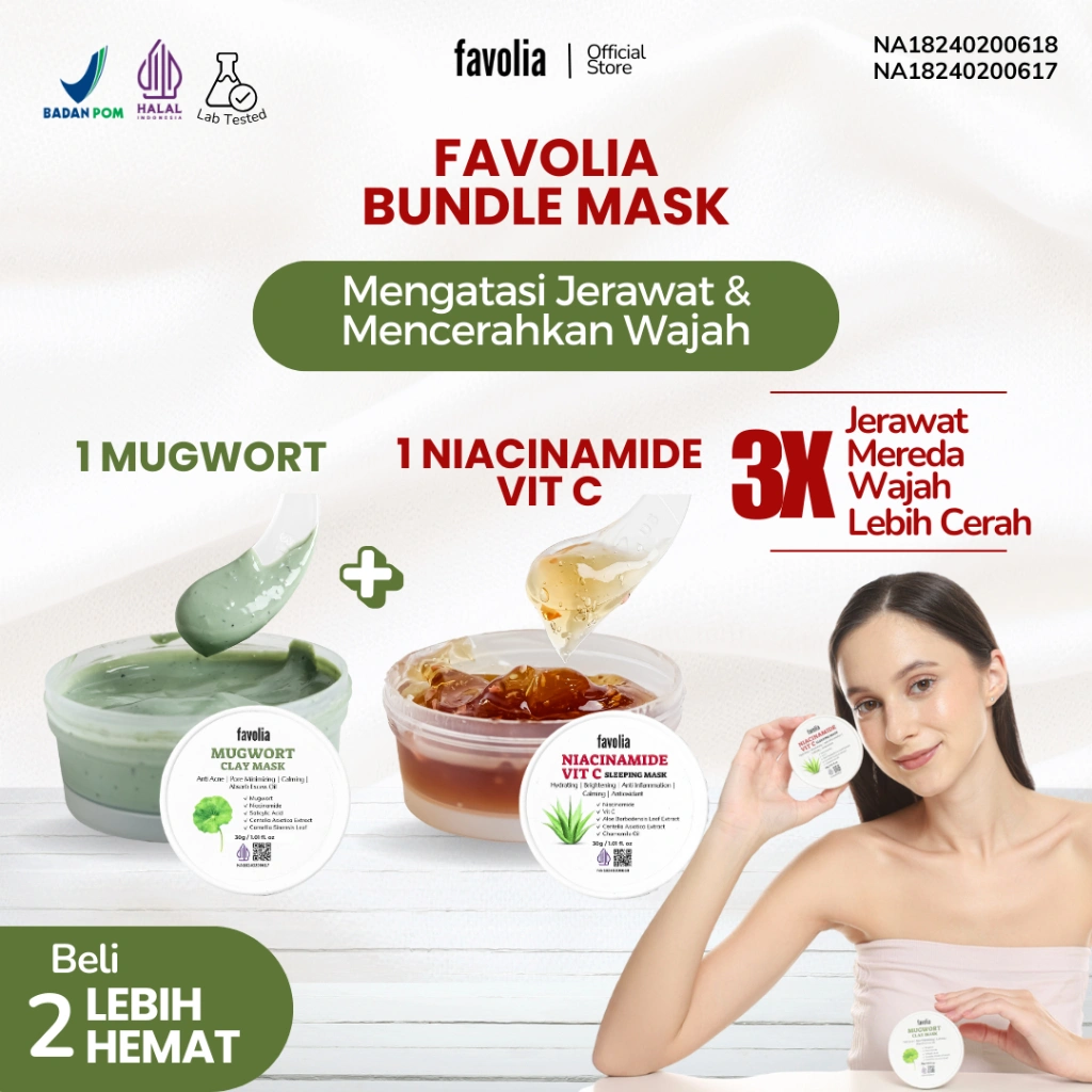 FAVOLIA Bundle 1 Niacinamide Vit C Sleeping Mask 30gr + 1 Mugwort Clay Mask 30gr - Masker Wajah untuk Mencerahkan & Mengatasi Jerawat, Mengecilkan Pori | Halal & Teruji Lab, Beli 2 Lebih Hemat
