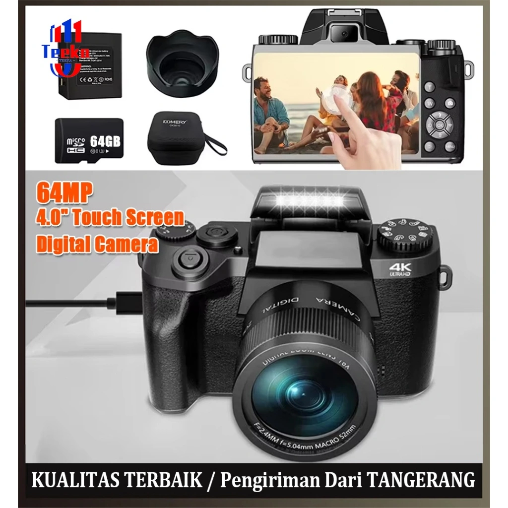 TEEKA 64MP 4K Kamera Digital WiFi Layar Sentuh 4 inci 16X Digital Zoom 3100mAH untuk Fotografi WiFi Kamera Vlogging dengan Flash dengan Camera Depan dan Belakang