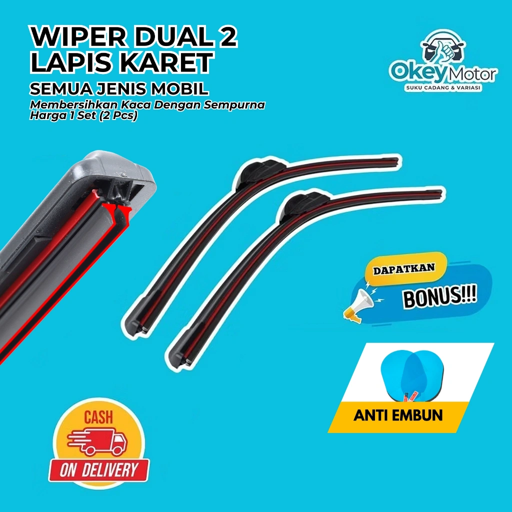 Wiper Mobil Dual karet Universal 1 Set Kiri dan Kanan Bonus Stiker Anti Embun Pembersih Kaca Depan