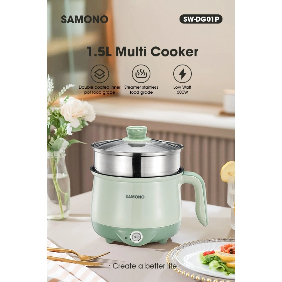 [OHSOME x SAMONO] Panci Listrik 1,5 Liter Fry Pan Teflon Keramik Kukusan Stainless Serbaguna Low Watt