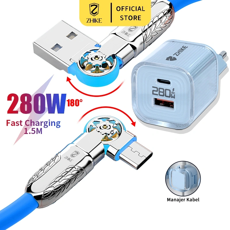 ZHIKE Kabel Data Fast Charging 240W Adapter 180° Putar Jalur Pengisian Super Cepat 1.5M 6A Kabel Data USB A ke Type-C Micro USB  Antarmuka logam Charger Cable for XIAOMI VIVO OPPO infinix Samsung