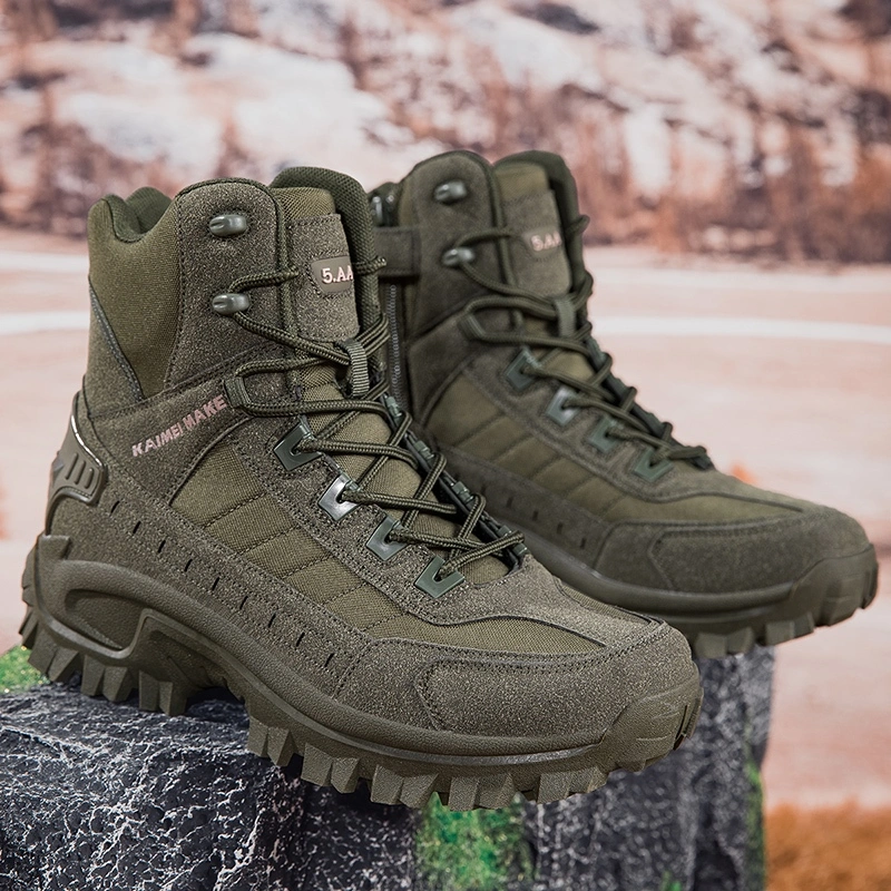 Sepatu Gunung 5.AA Kaimei Make #806 Green Shoes Work Utility Footwear Military Tactical Mens Army Outdoor Sports Camping Hiking Work Combat Lace Up Breathable High Top Side Zipper Desert Leather Shoe Boots