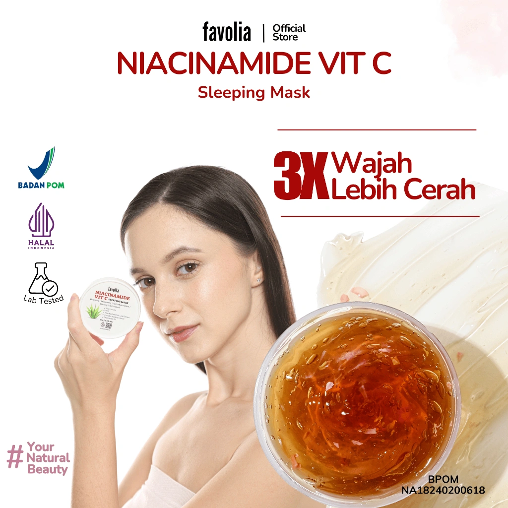 FAVOLIA Niacinamide Vit C Sleeping Mask - Masker Wajah Mencerahkan Kulit Kusam, Melembapkan & Glowing I BPOM Halal Uji Lab
