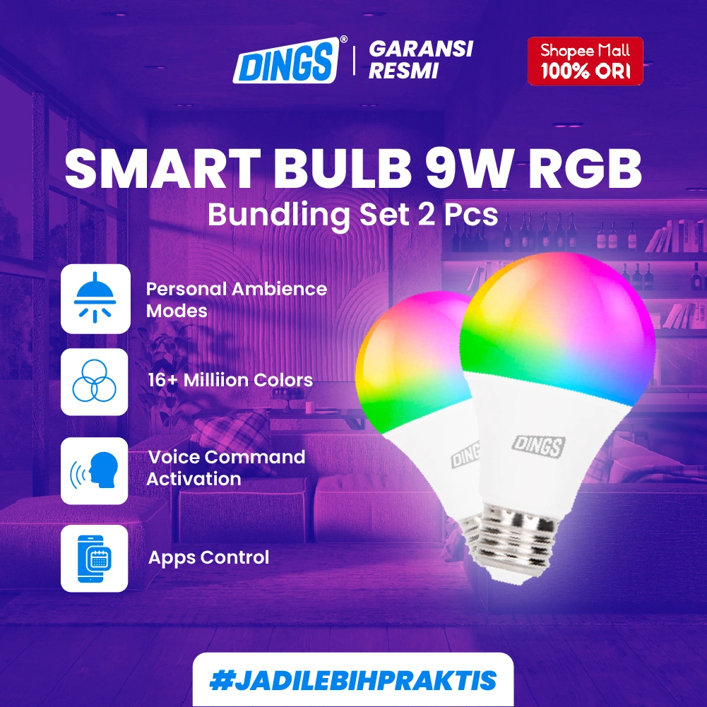 DINGS PAKET HEMAT 2 DINGS Smart Bulb Lampu Pintar Smart Home Koneksi Bluetooth Wifi Wireless 9W RGB CW