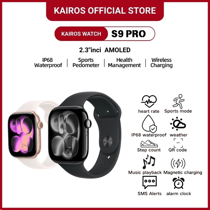 Kairos Smartwatch S9 Pro with 2.3" HD AMOLED GPS NFC Waterproof Bluetooth Call Jam Smartwatch Wanita Pria Monitor Detak Jantung Tekanan Darah wireless charging Dan Ganti Wallpapper Jam Tangan Wanita Jam Tangan Couple Jam Tangan Digital Wani