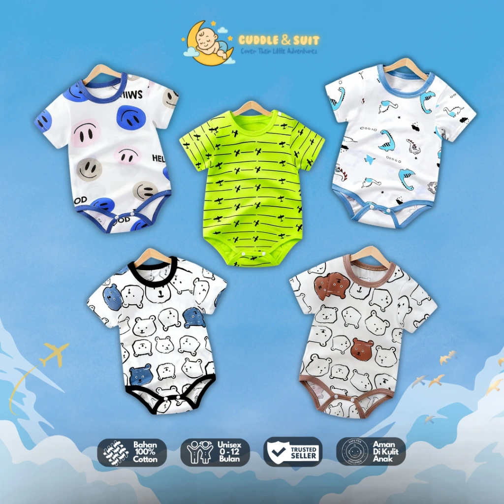 Onesie Bayi Usia 0-12 bulan CUDDLE AND SUIT Romper / Sleepsuit Lengan Pendek Onesie Motif Lucu Unisex