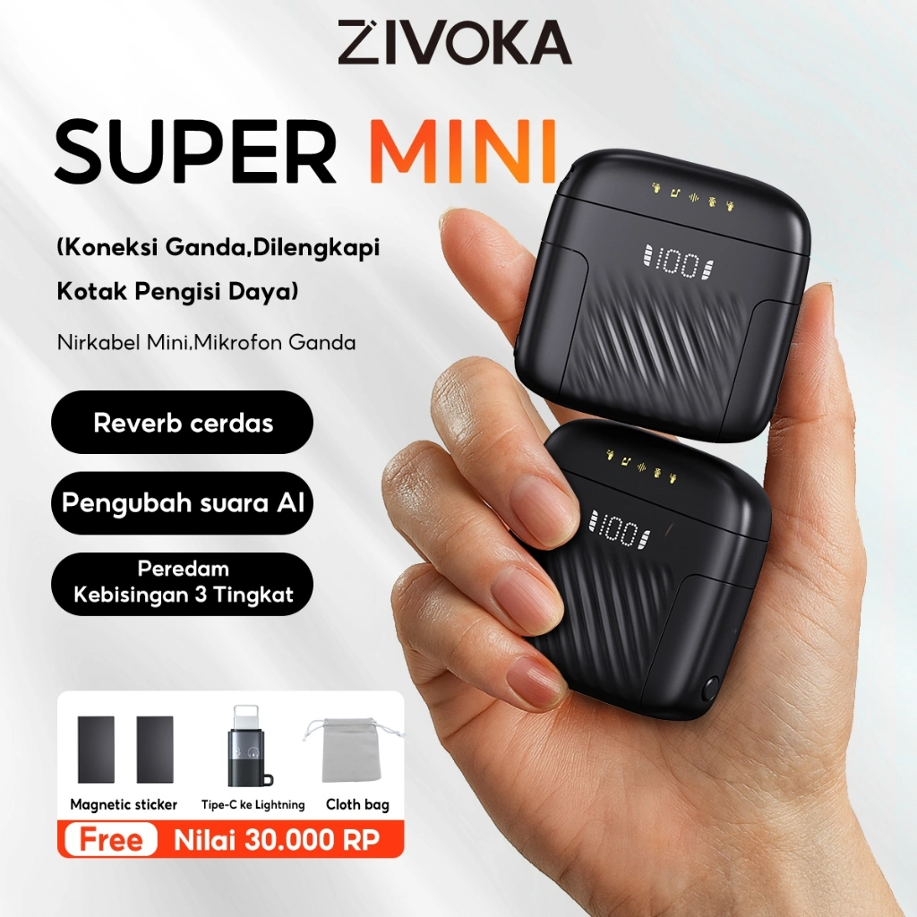 ZIVOKA LuxeMie02 Mikrofon nirkabel dilengkapi pengubah suara AI, tiga tingkat pengurangan kebisingan, reverb cerdas, mikrofon klip 2-in-1, mikrofon magnetik, dan dilengkapi dengan desain klip kerah ganda plug-and-play dan wadah pengisi daya.