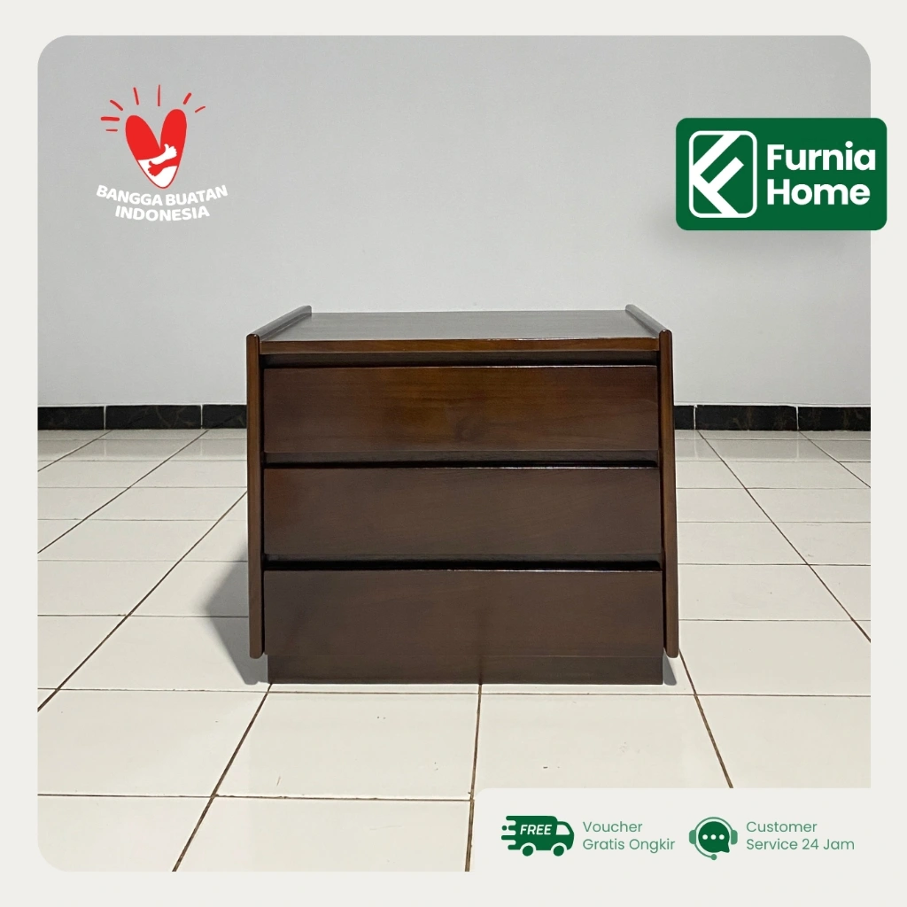 Nakas Minimalis Kayu Jati 3 Laci Meja Samping Tempat Tidur Bedside Table - FURNIA HOME