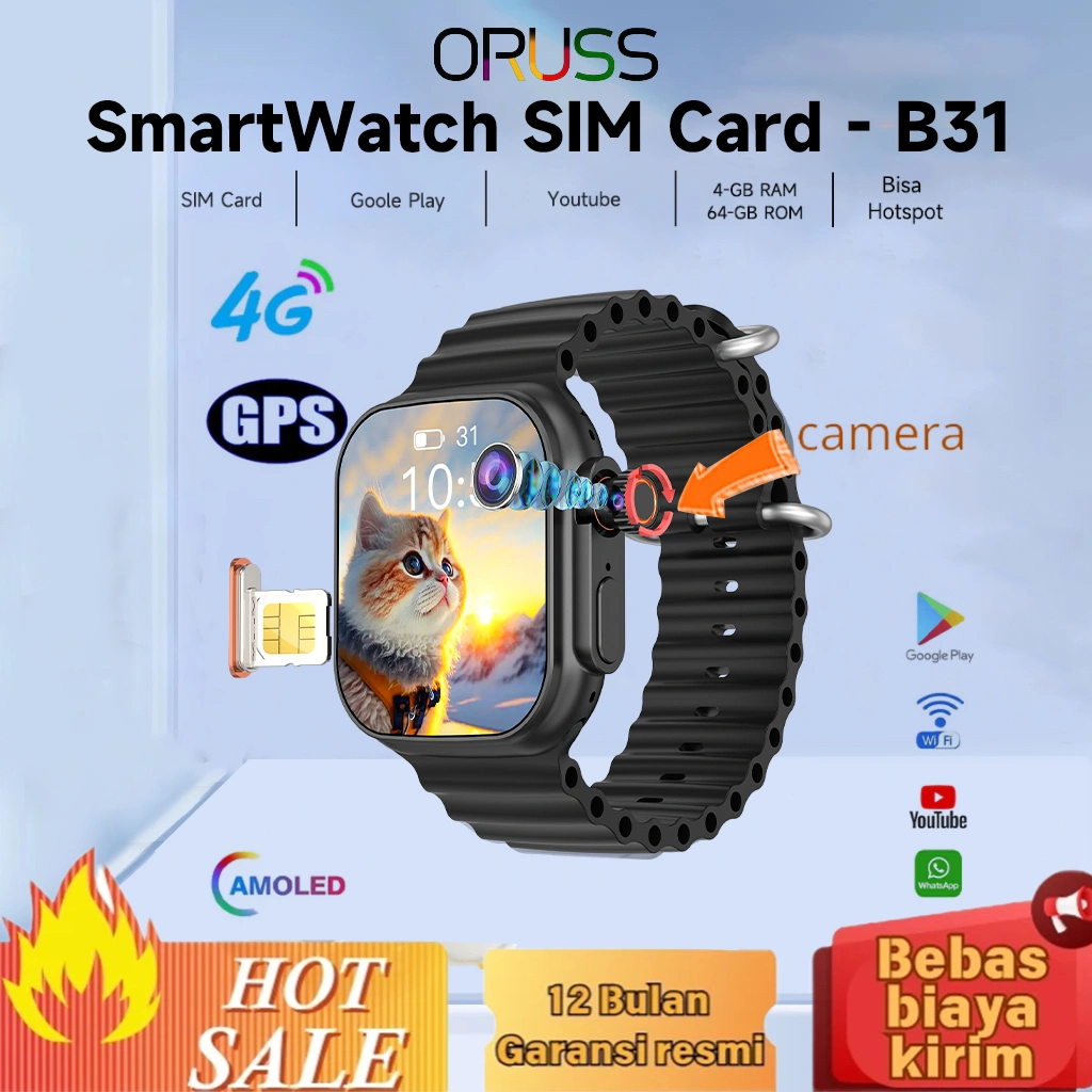 [Bisa Hotspot / Bisa Video call]ORUSS 4G LTE SIM Smartwatch B31 Ultra | RAM 4 / 64GB | Bisa Nonton Youtube | Wifi | PlayStore | GPS | NFC | Waterproof | Phone Call | AI Voice | Health Monitoring | Wireless Charge Sport Jam Tangan Wanita Smart Watch Pria J
