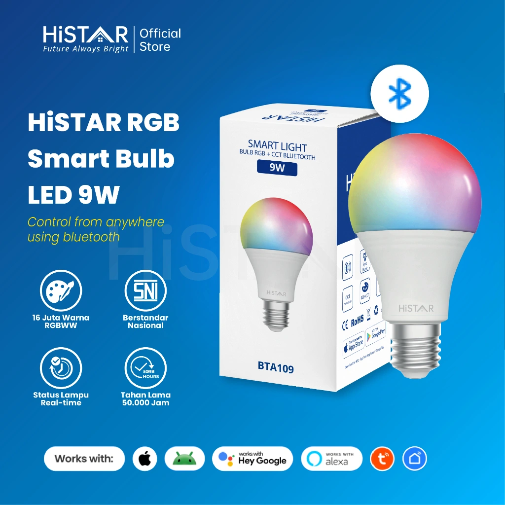 HiSTAR Lampu Smart LED 9W-12W RGB+CCT Bluetooth Musik IOS Android 170-240V/50Hz