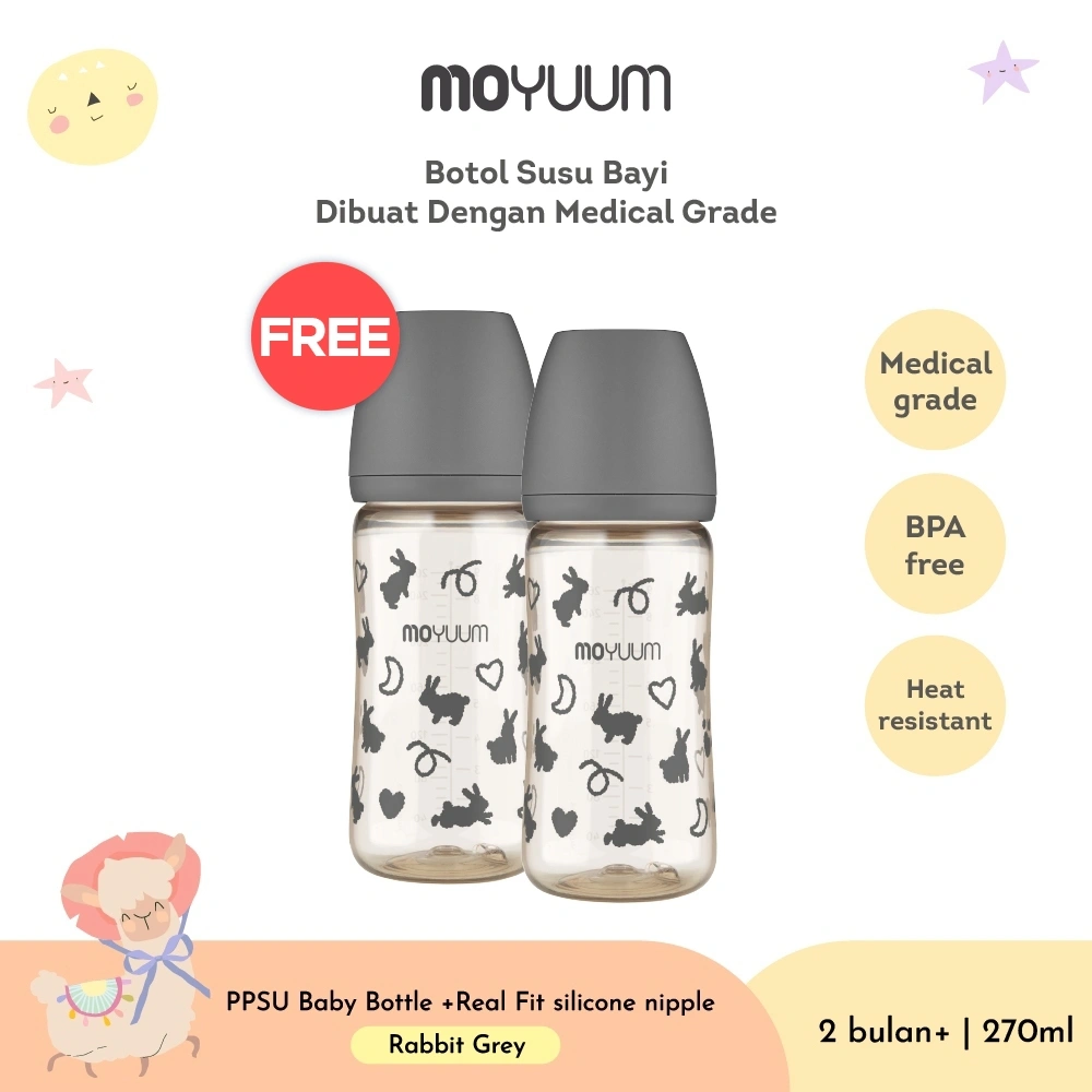 [BUY 1 GET 1 FREE] Moyuum Baby Bottle Rabbit (2-5 Bulan) 270ml Grey - Botol Bayi PPSU BPA Free