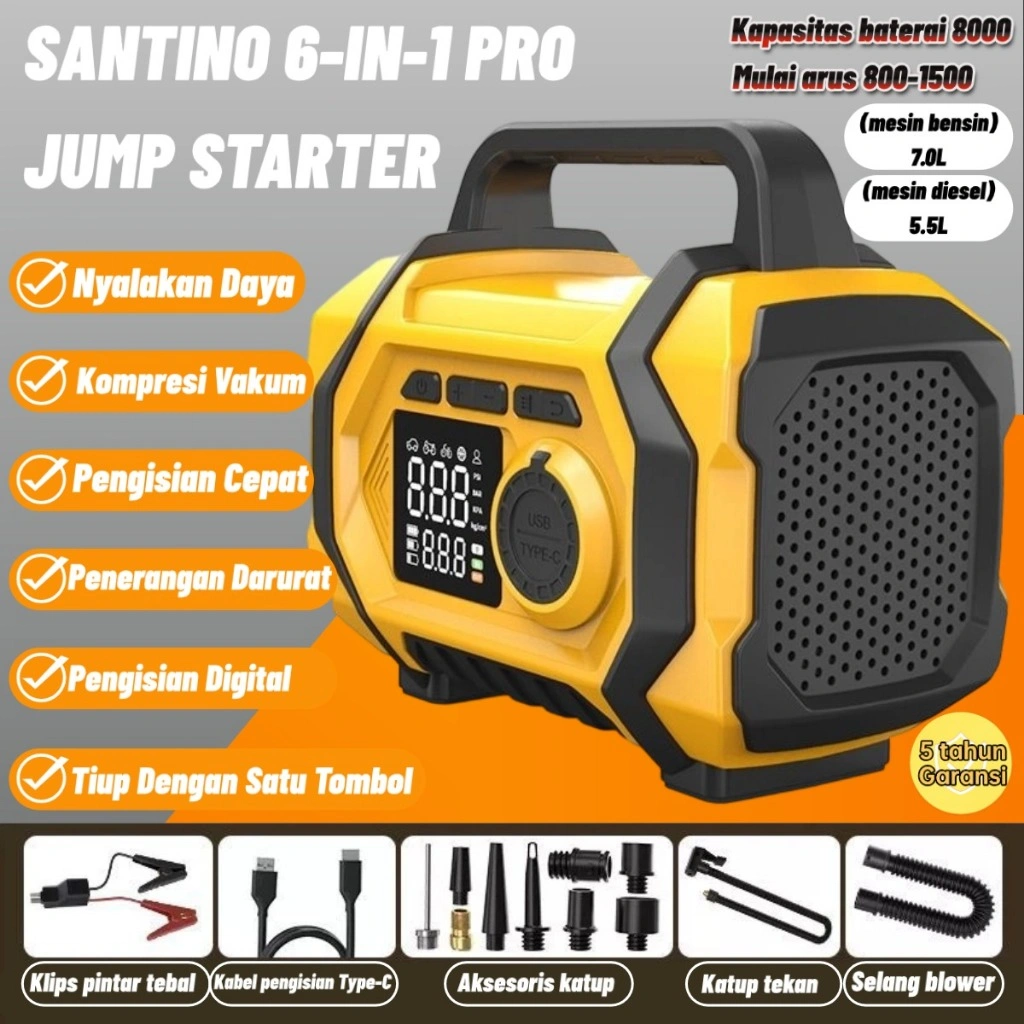 SANTINO 6-in-1 Multifungsi Jump Starter Mobil Jump Starter Aki Mobil Pompa Angin Ban Mobil Elektrik Mini Car Air Infatable Pump Portable Power Bank Mobil
