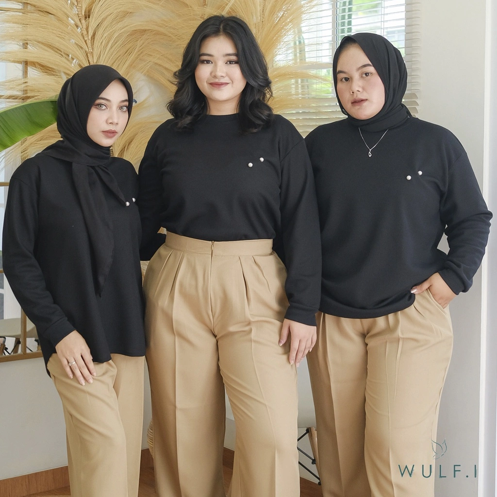 Wulfi Atasan Sweater Basic Waffle Black / Blouse Tangan Panjang Hitam