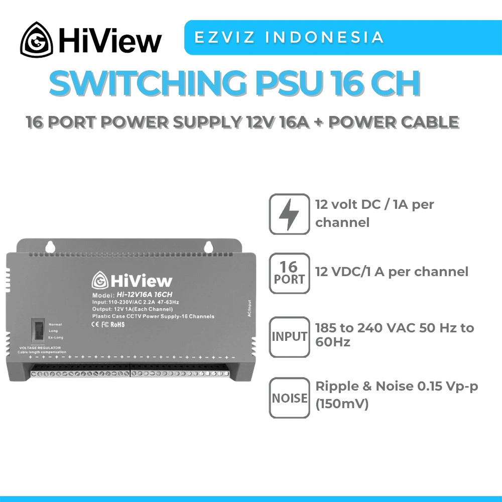 HIVIEW HI-12V16A-16CH 16 PORT POWER SUPPLY CCTV PSU 12V 16A + POWER CABLE