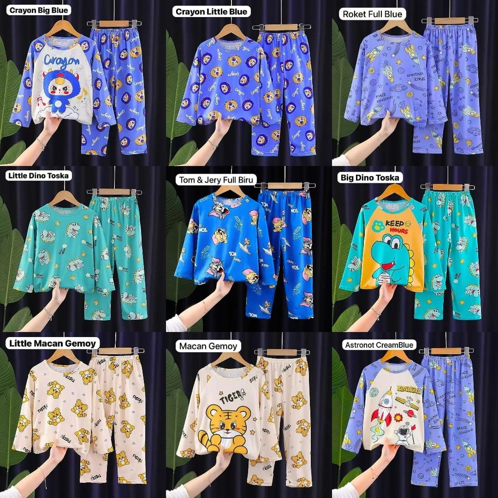 Piyama/Baju Tidur Anak Laki-Laki Usia 4-15 Tahun Motif Macan Gemoy, Astronot, Roket, Tom & Jerry Bahan Import Premium