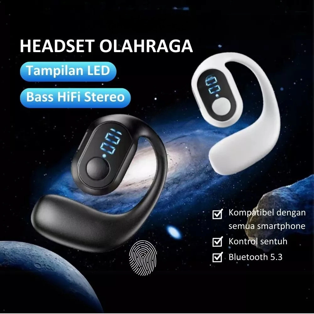 Cancellation Earbud Stereo Hifi Bass Bluetooth Headphone Noise 5.3 Wireless Single Olahraga TWS Sport Earphone OWS