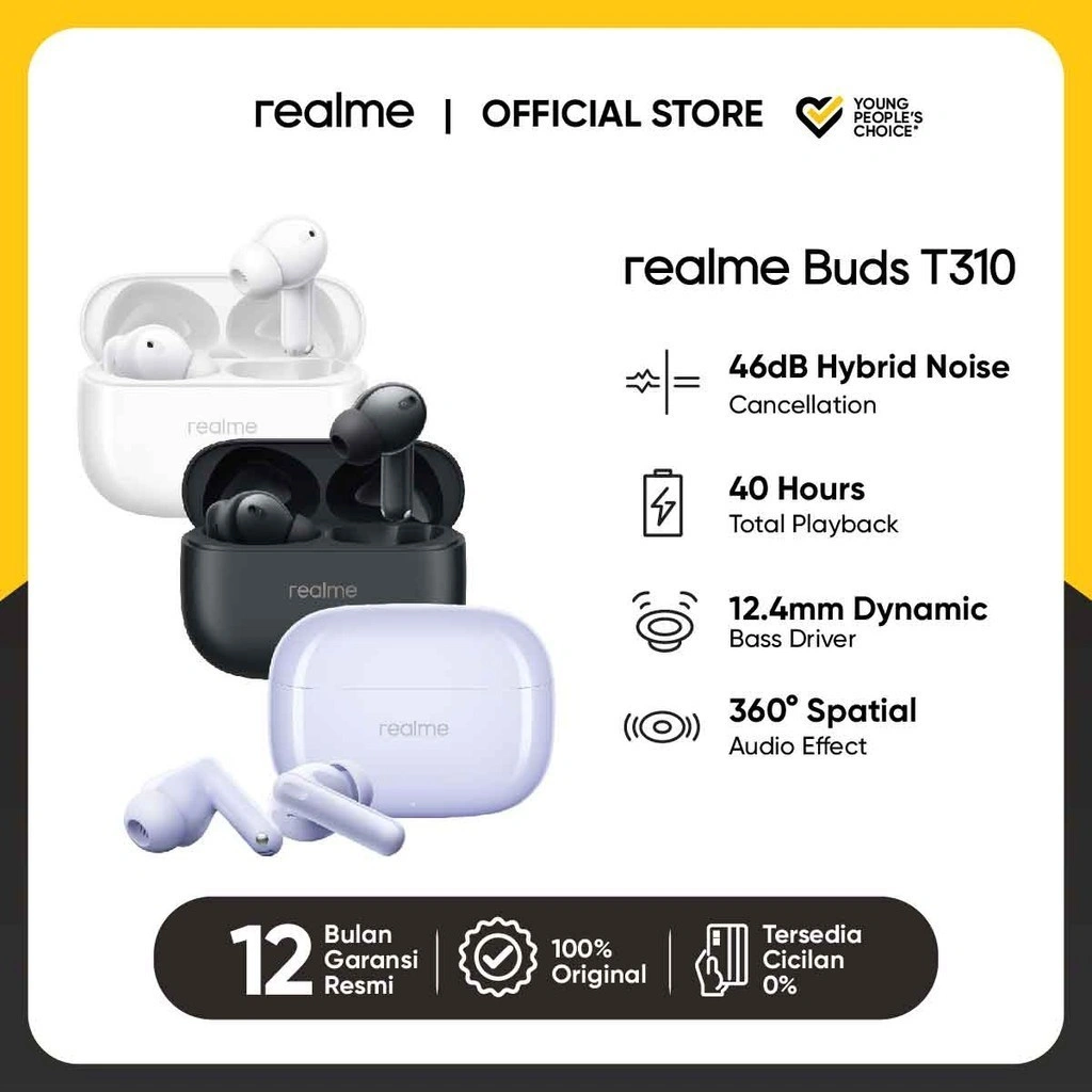 realme Buds T310 (46dB Hybrid Noise Cancellation | 12.4mm Dynamic Bass Driver | 40 Hours Total Playback | IP55 Dust & Water Resistant)