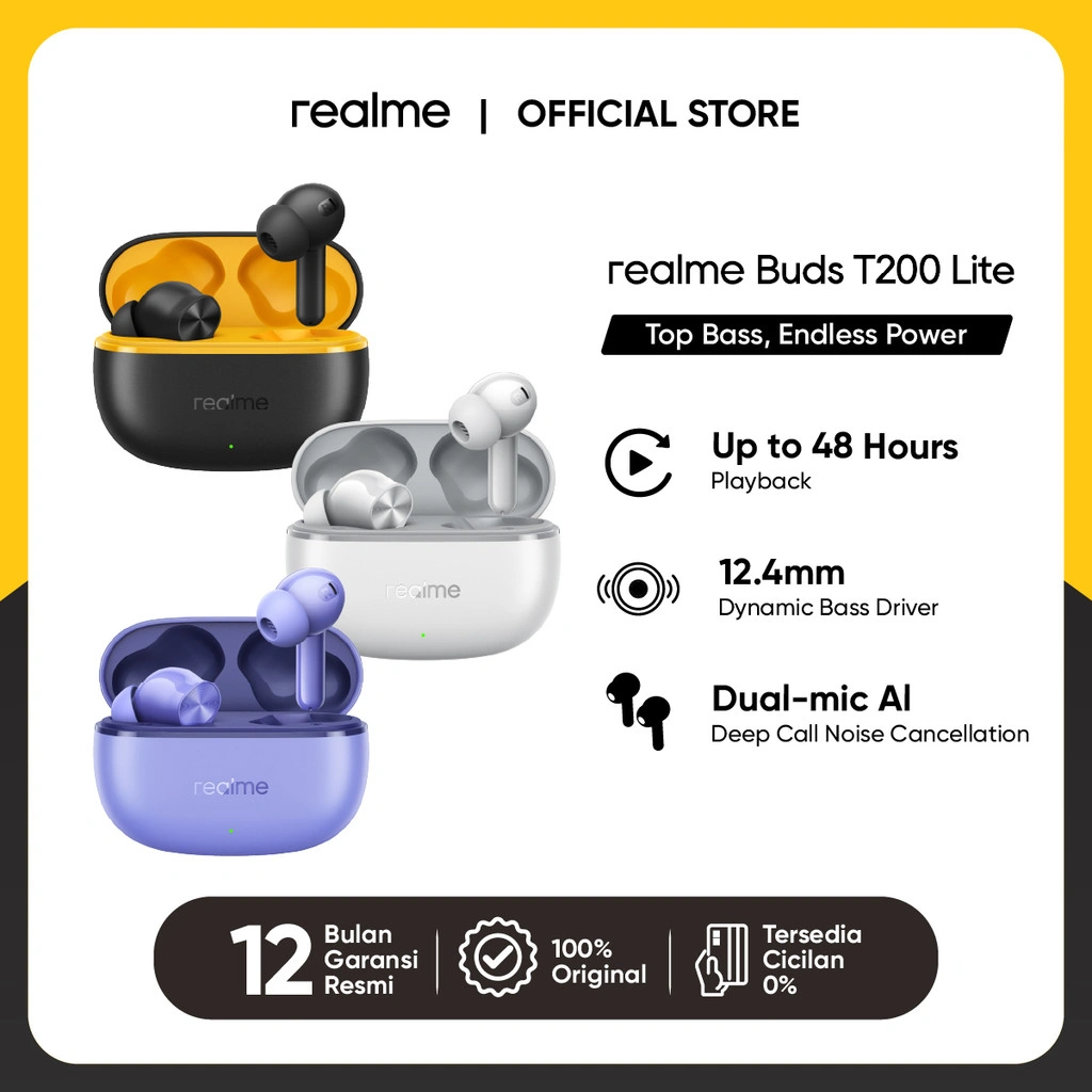realme Buds T200 Lite ( Up to 48 Hours of playback | 12.4mm Dynamic Bass Driver | Quad-mic Al Deep Call Noise Cancellation)
