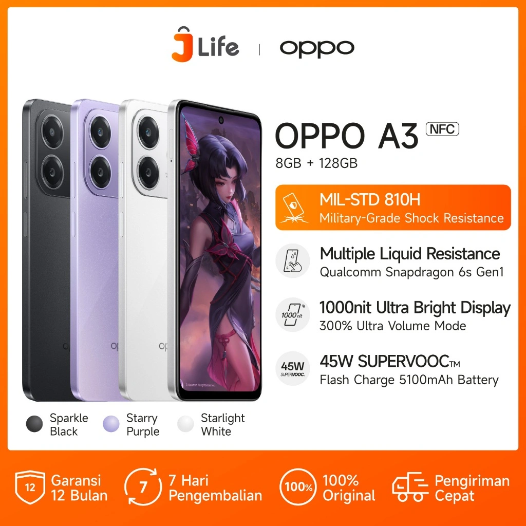 Jlife - OPPO A3 8/128GB Smartphone Gaming [Military-Grade Shock Resistance, Qualcomm Snapdragon 6s 4G Gen1, 45W SUPERVOOC]