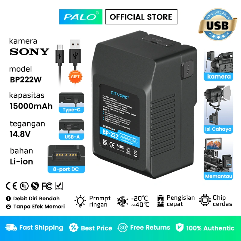 PALO V Mount Baterai Isi Ulang V-Lock Rechargeable Battery With USB 14.8V 15000mAh BP-222 Batteries For Sony Camcorder Broadcast Lampu Video LED Blackmagic URSA Mini Pro Kamera Smartphone
