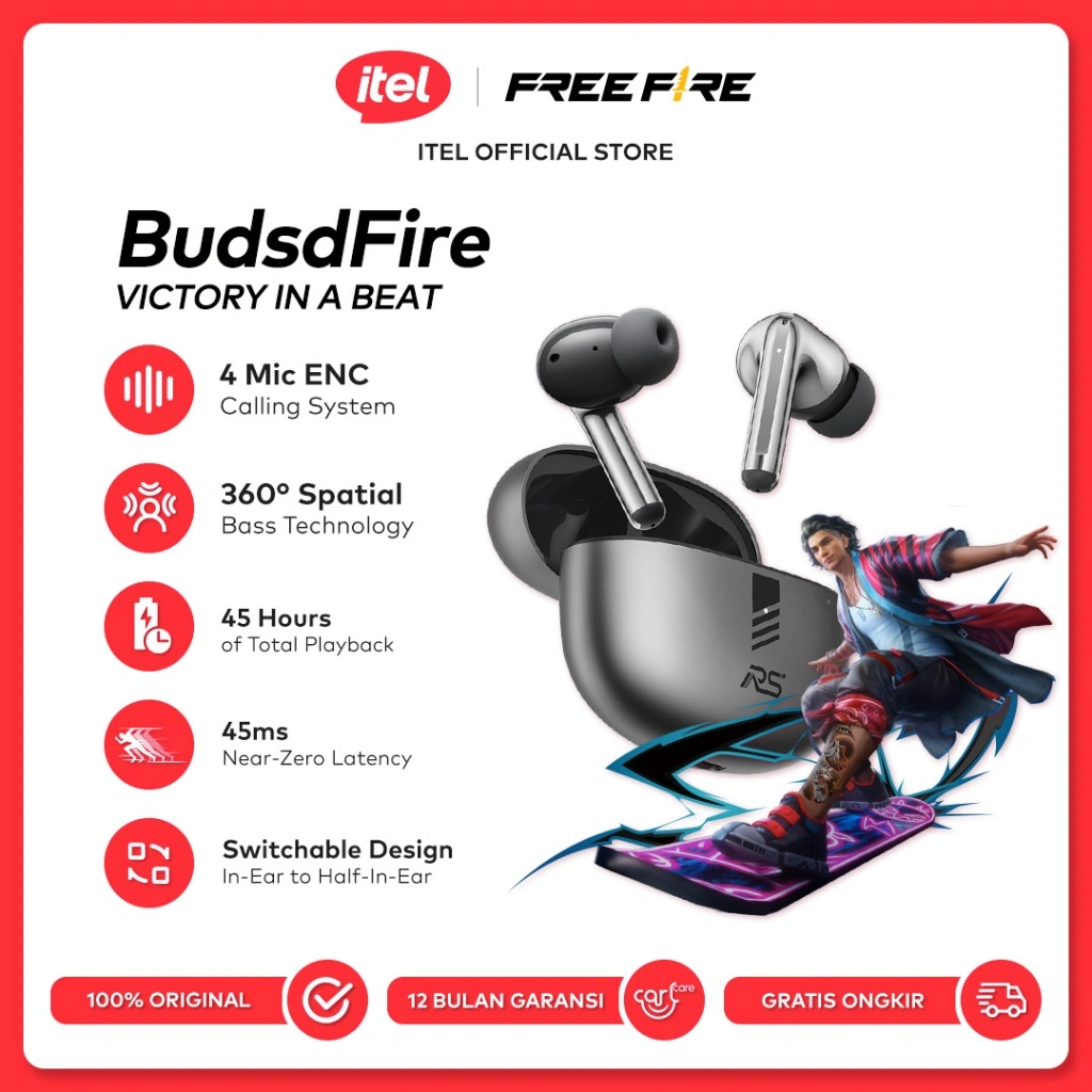 Itel Official budsfire TWS Freefire Co-brand in-ear Earphones   Wireless Bluetooth Noise Cancelling Headset Fast Charging Super   Bass Earbuds