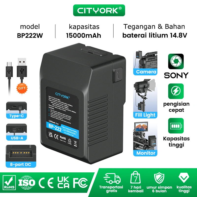Cityork V Mount Baterai Isi Ulang V-Lock Rechargeable Battery With USB 14.8V 15000mAh BP-222 Batteries For Sony Camcorder Broadcast Lampu Video LED Blackmagic URSA Mini Pro Kamera Smartphone