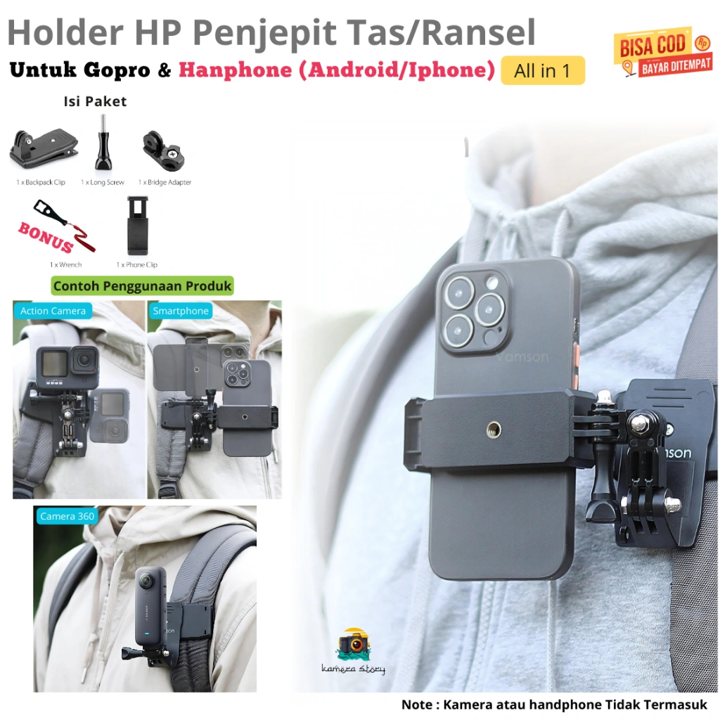 Backpack Clip Clamp Mount 360 Rotary + Smartphone HP Holder for GoPro Yi Cam Bpro penjepit tas