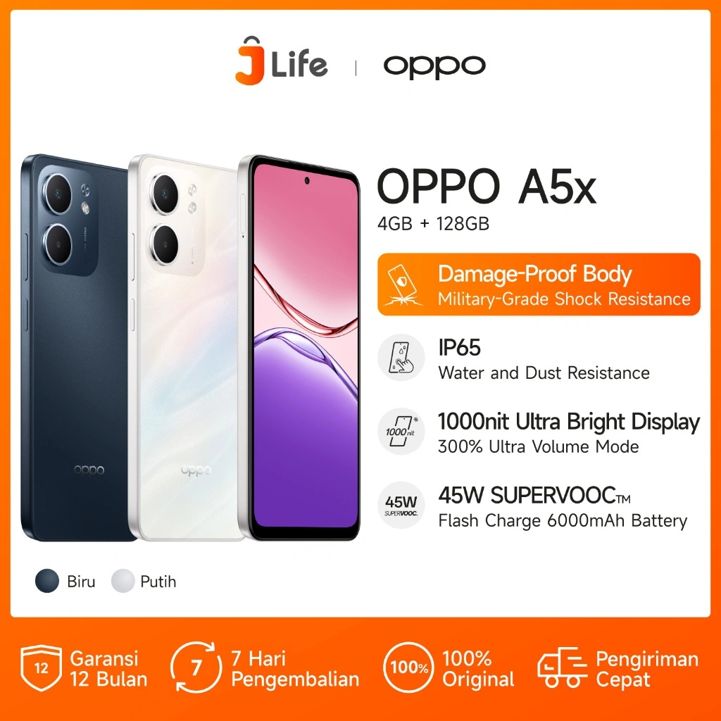 [BARU] Jlife - OPPO A5x 4GB/128GB Smartphone [Military-Grade Shock Resistance, IP65 Water Resistant, 6000mAh Large Battery, 45W SUPERVOOC Flash Charge]