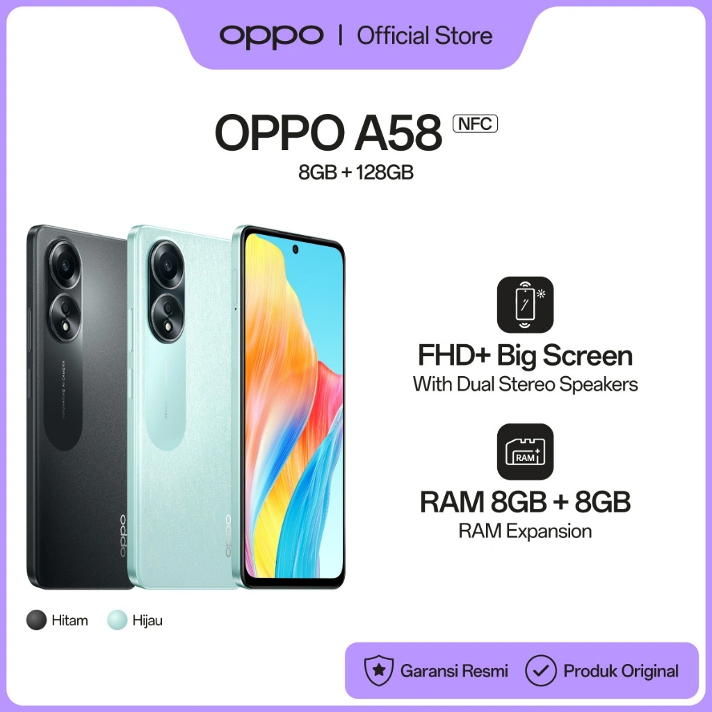 OPPO A58 NFC 8GB/128GB [8GB+8GB RAM Expansion, 5000mAh SUPERVOOC 33W, FHD+ Big Screen]