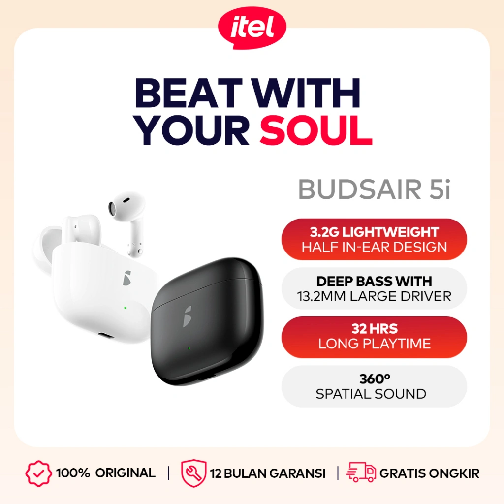 itel BudsAir 5i TWS | 32 Jam Daya Tahan Earbuds | Bass 13.2mm Earphone | Dual Mic | Bluetooth 5.4 | Mode Game Rendah Latensi | Audio Spasial 360°