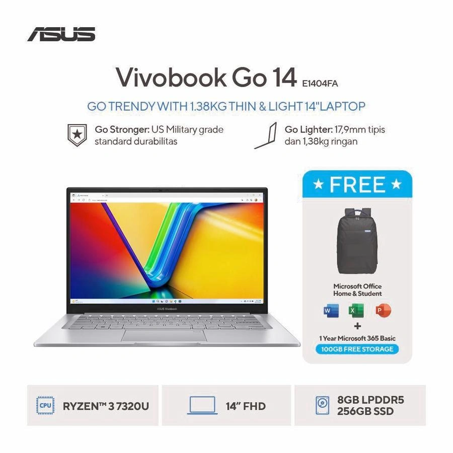 ASUS Vivobook Go 14 E1404FA-FHD3823M - Cool Silver [AMD Ryzen 3 7320U / AMD Radeon Graphics / 8GB / 256GB / 14inch / WIN11 / OHS24 / M365]