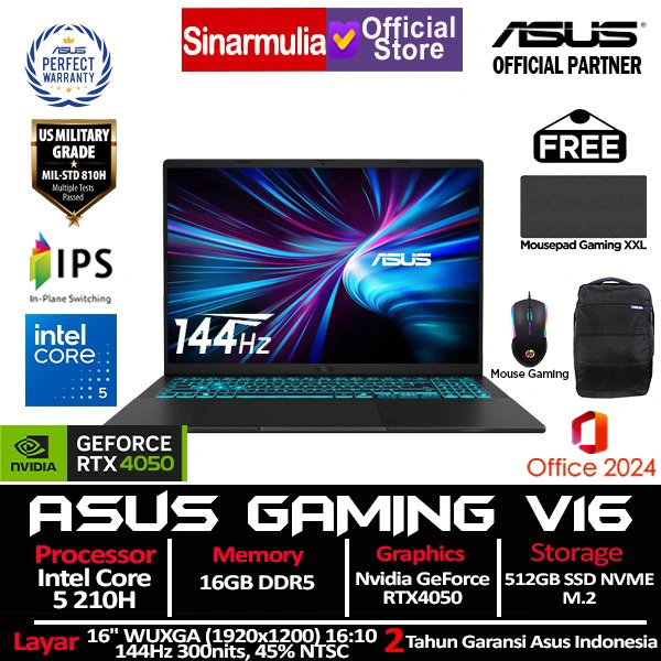 ASUS Gaming V16 V3607VU Core 5 210H RTX4050 512GB SSD 16GB WUXGA 144Hz Win11+OHS