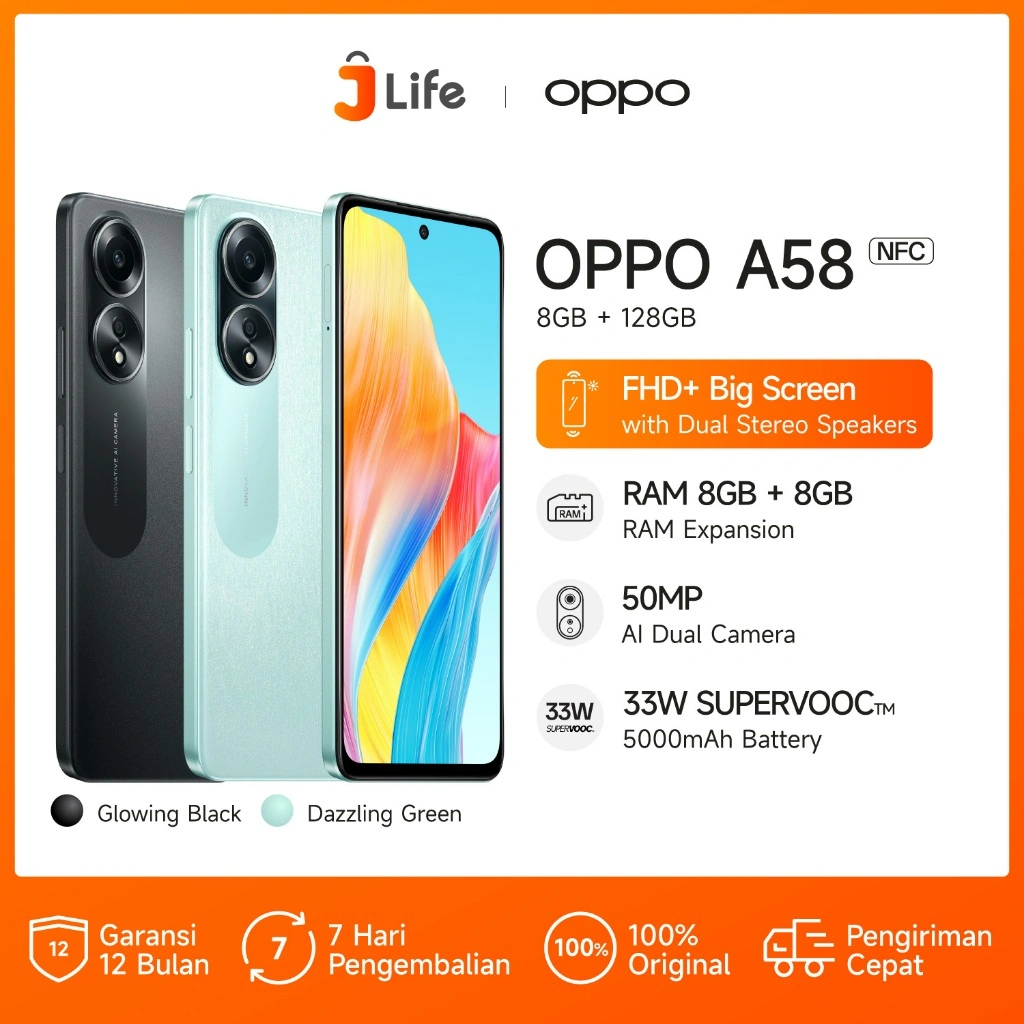 Jlife - OPPO A58 8GB/128GB NFC Smartphone [8GB+8GB RAM Expansion, 5000mAh SUPERVOOC 33W, FHD+ Big Screen]