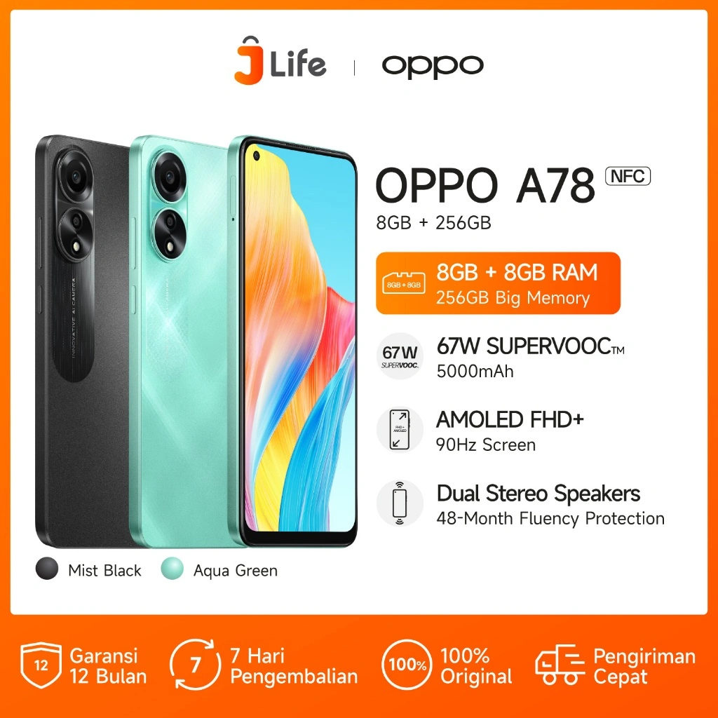 Jlife - OPPO A78 4G 8GB(+8GB)/256GB Smartphone [67W SUPERVOOC, AMOLED FHD+, DUAL STEREO SPEAKERS]