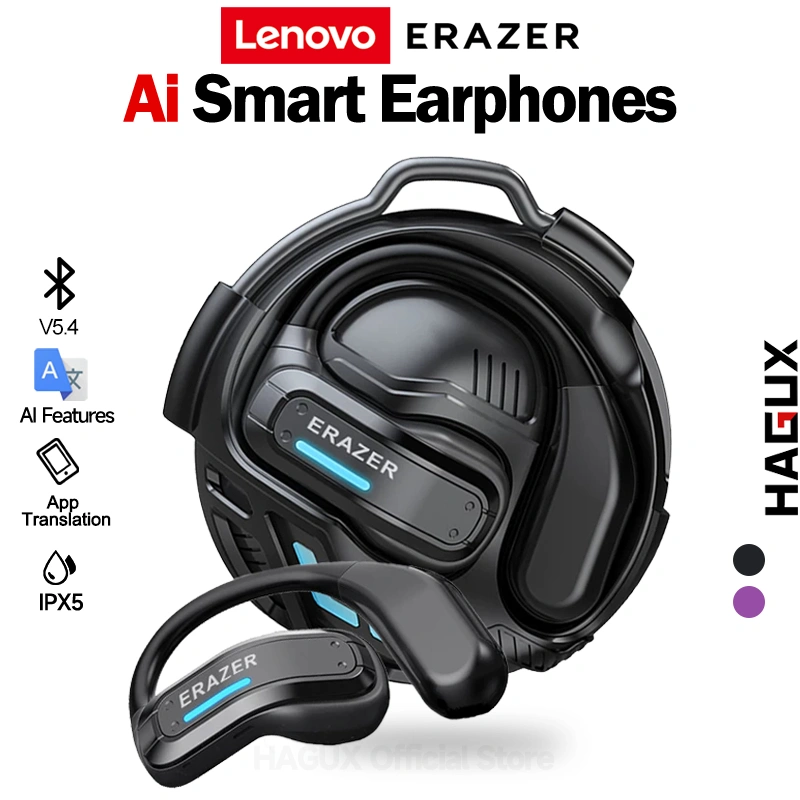 Lenovo ERAZER X8 Earphone Terjemahan AI OWS TWS True Bluetooth V5.4 Open Ear Olahraga Tahan Air IPX5 HiFi Bass Gaming Headset Earhook Earbuds Mampu menerjemahkan 134 bahasa asing
