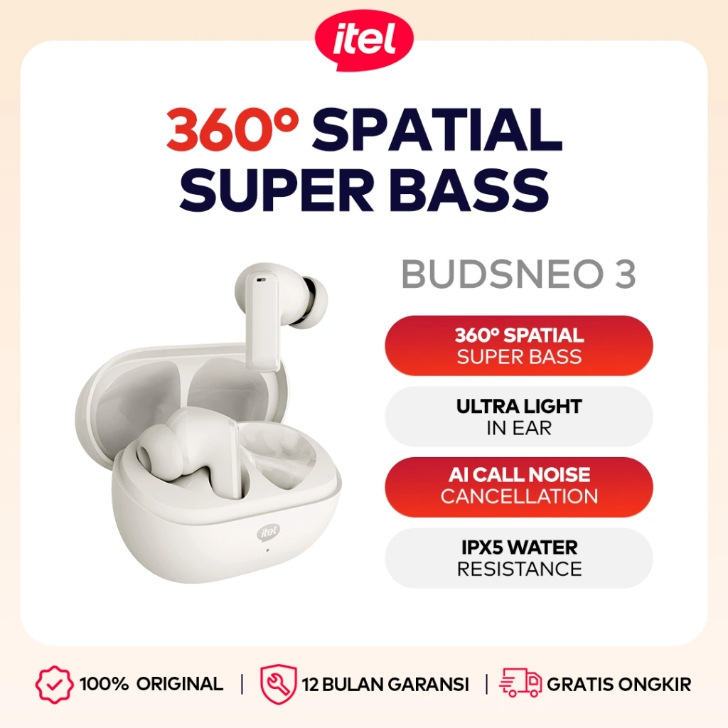 itel BudsNeo3 TWS Earbuds Headset Bluetooth V5.4 Super Bass 360° Spatial Audio Nikmati Komunikasi Jernih & Gaming Responsif Tahan Air IPX5