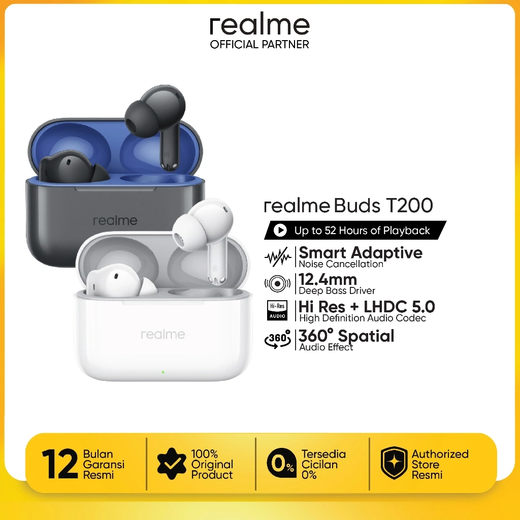 realme Buds T200 | Up to 52 Hours of Playback | Dual-device Connection 2.0 + Swift Pair | 52dB Smart Active Noise Cancellation
