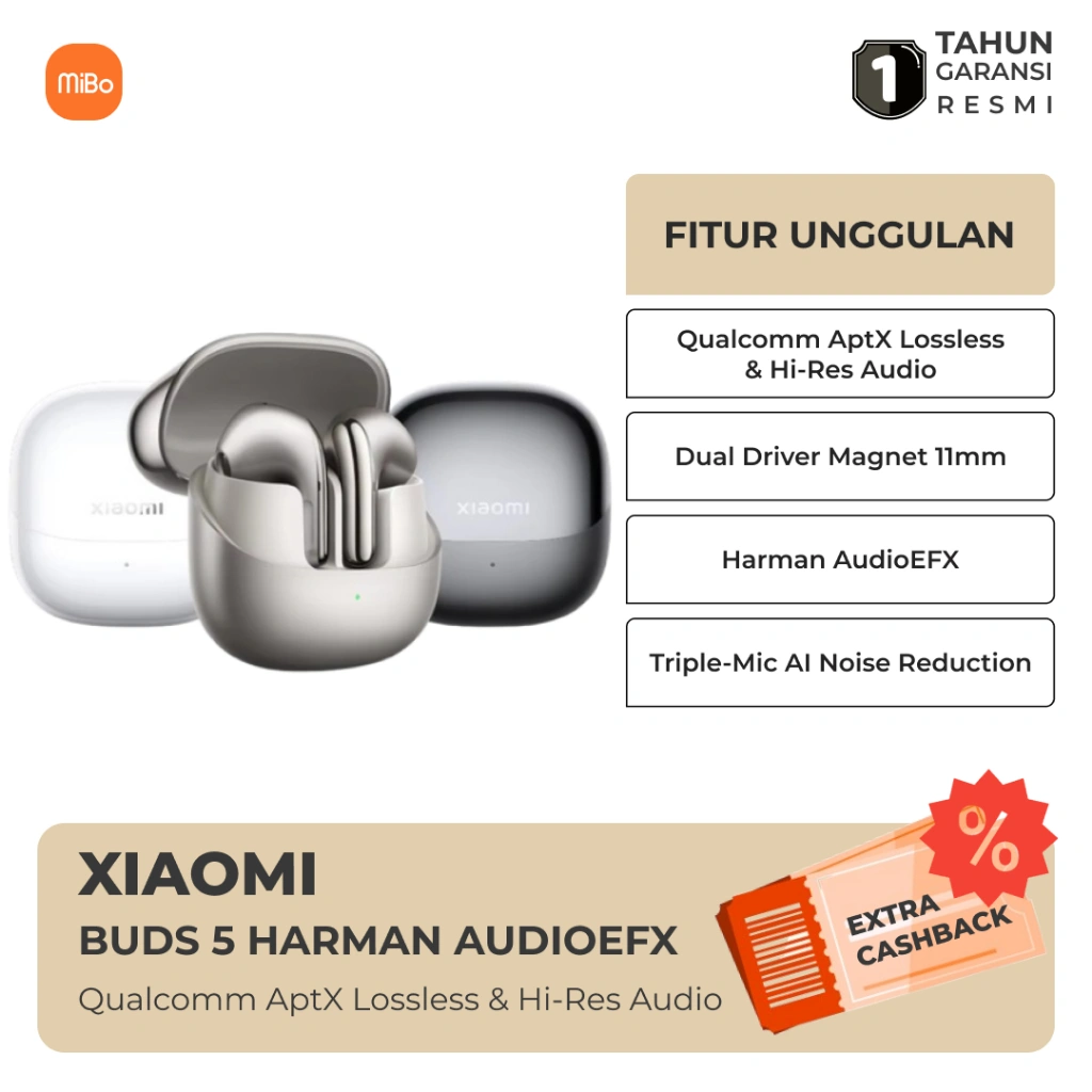 Xiaomi Buds 5 TWS Qualcomm aptX Hi-Res Audio Harman Audio EFX Triple-mic AI Garansi Resmi