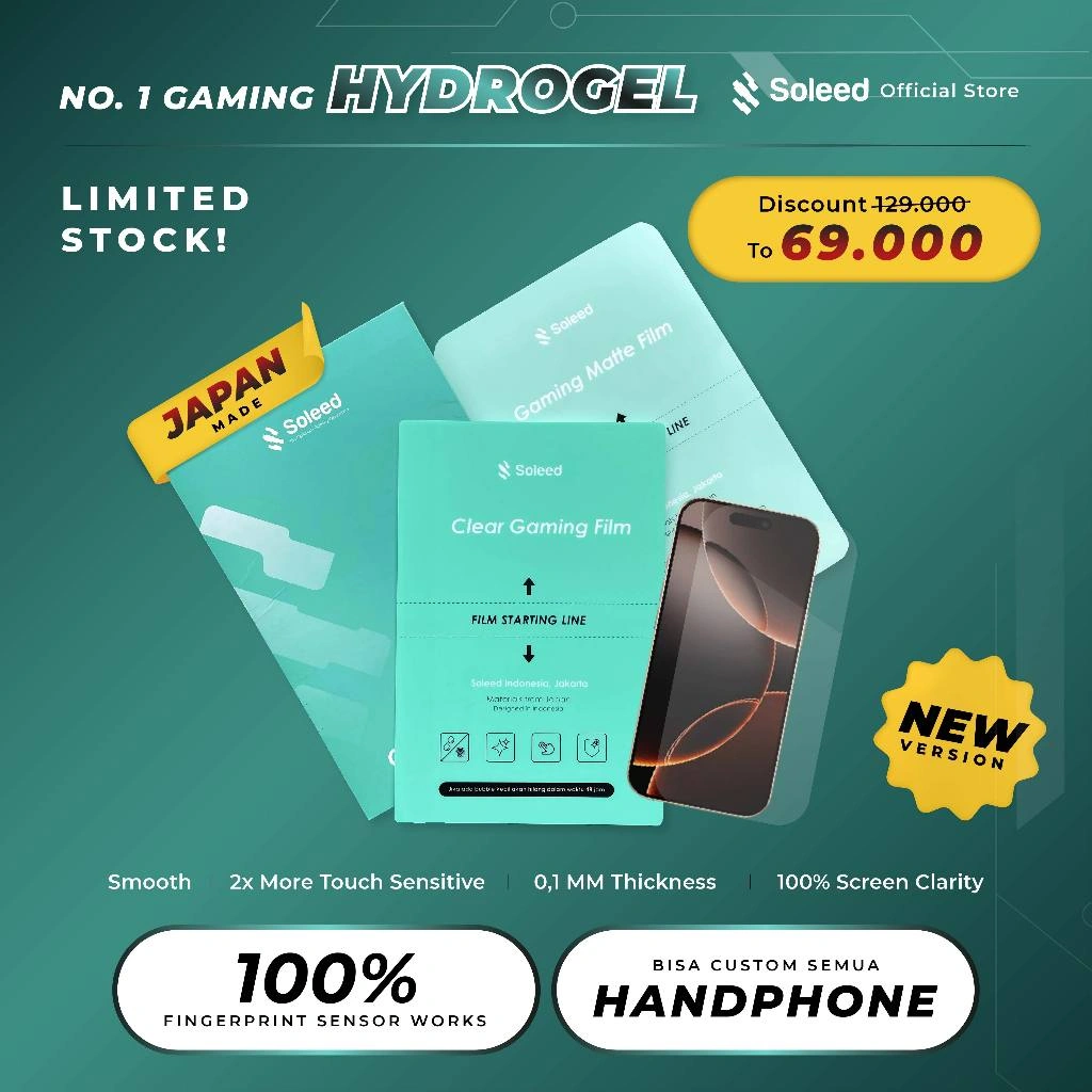 SOLEED - Gaming Hydrogel Clear Matte For Smartphone | Anti Gores All Type Tipe Handphone | Samsung Apple Iphone Vivo Iqoo Oppo Nubia Neo 2 5G 4G Itel Tecno Pova Realme Xiaomi Poco Pixel | Not Tempered Glass Privacy Anti Spy Screen Protector HydroGuard