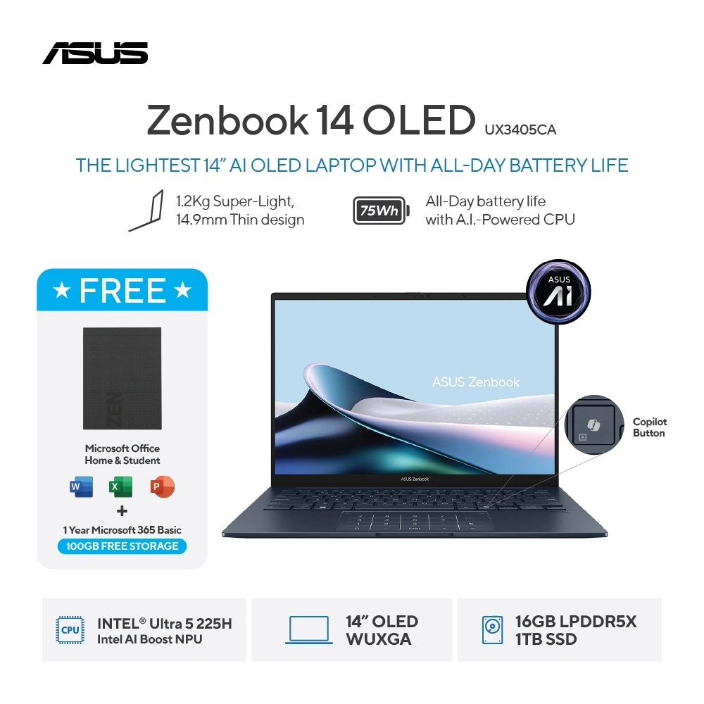 [FREE MOUSE] ASUS Zenbook 14 OLED UX3405CA-OLED5111TM - Ponder Blue [Intel Core Ultra 5 / Intel Arc Graphics / 16GB / 1TB / 14inch / WIN11 / OHS / M365]